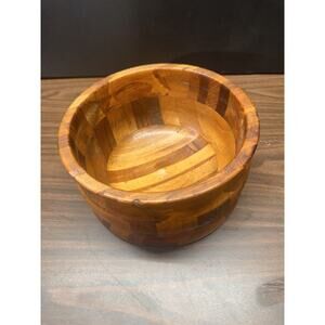 Vintage Teak Wooden Segmented Wood Serving Salad Bowl Or Fruit Bowl 9”W X 4.5”H
